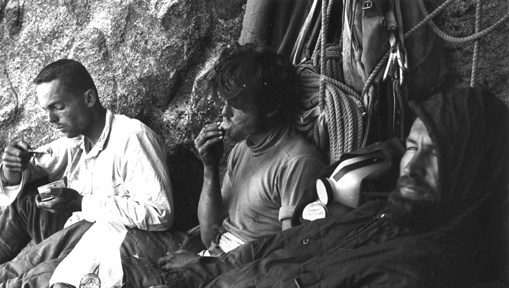 L to R - Tom Frost, Joe Fitschen, Royal Robbins - Fine dining at Camp VI, 1960, Photo Chuck Pratt