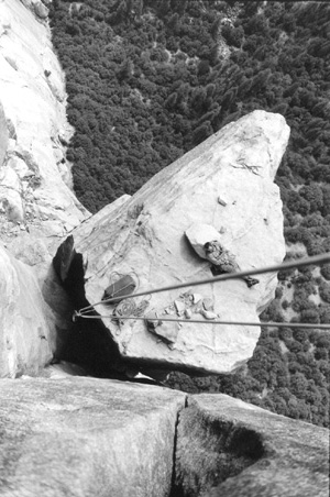 Royal Robbins atop El Cap Spire on the FA of the Salath� Wall, 1961 - photo by Tom Frost